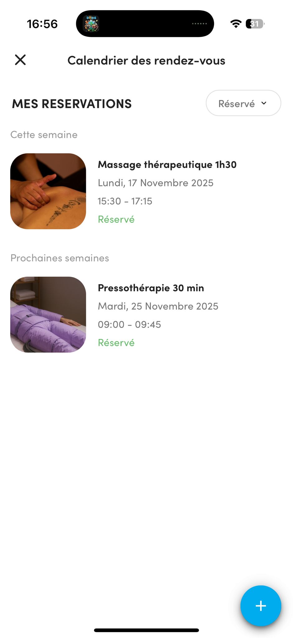 Liste de mes réservations dans l’application SOREMA